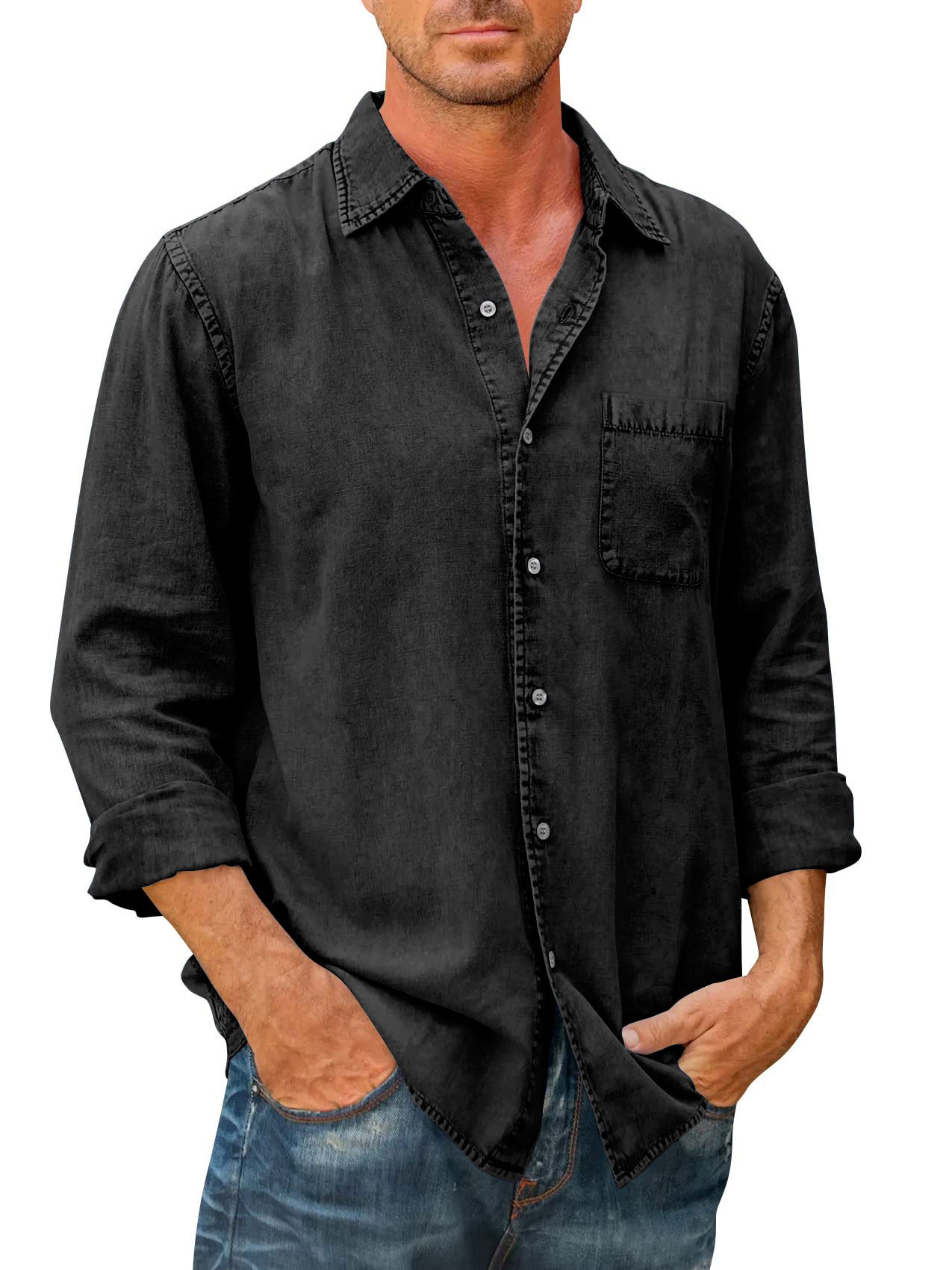 (image for) 🔥Mens Denim Long Sleeve Button Down Shirt