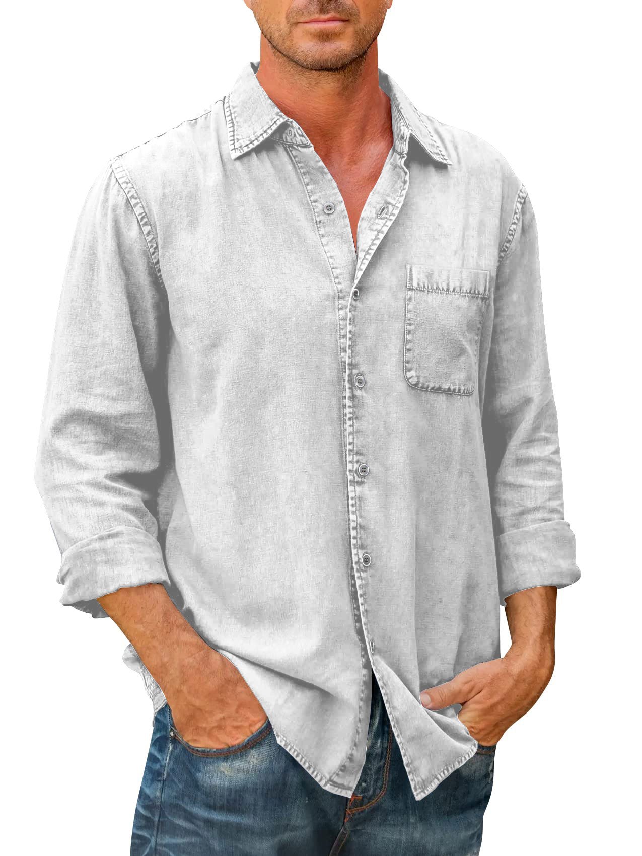 (image for) 🔥Mens Denim Long Sleeve Button Down Shirt