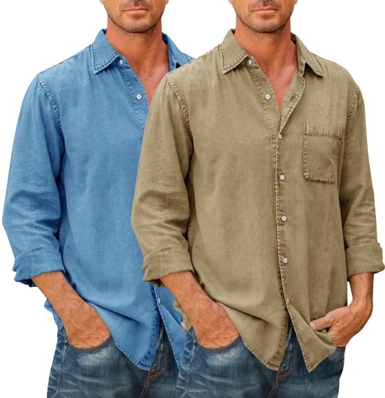 (image for) 🔥Mens Denim Long Sleeve Button Down Shirt