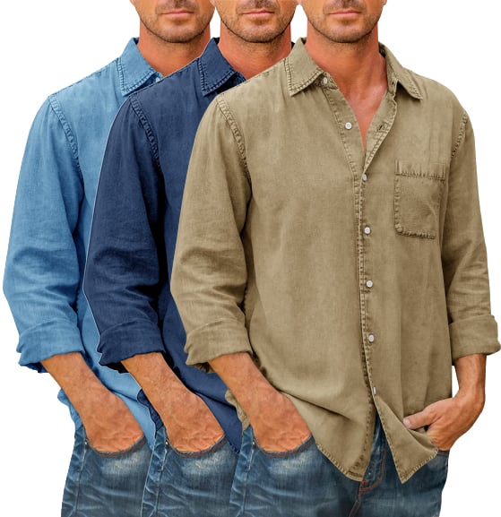 (image for) 🔥Mens Denim Long Sleeve Button Down Shirt