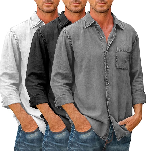 (image for) 🔥Mens Denim Long Sleeve Button Down Shirt
